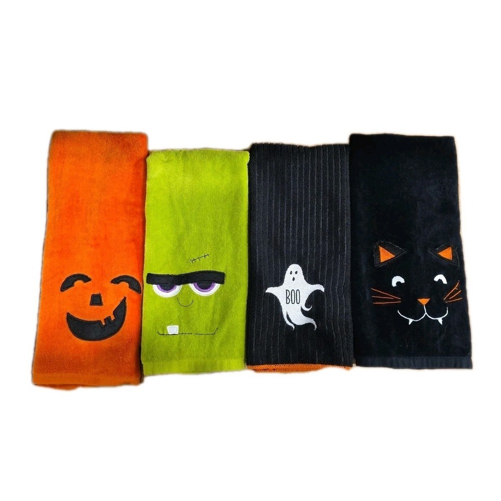 Set Of 4 Halloween Kitchen‎ Dish Towels, Ghost,Pumpkin, Cat & Monster EXCELLENT
